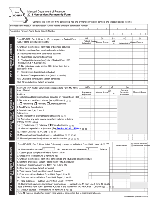 Fillable Form Mo-Nrp - Nonresident Partnership Form - 2013 Printable pdf