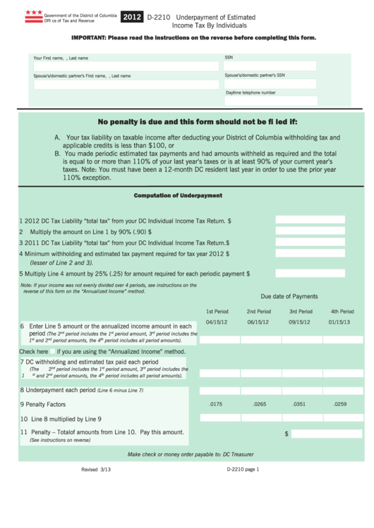 Fillable Form D-2210 - Underpayment Of Estimated Income Tax By Individuals - 2012 Printable pdf