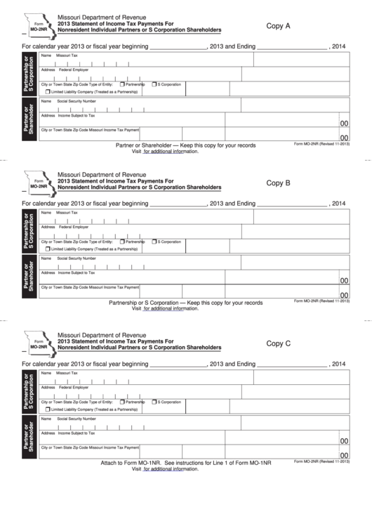 Fillable Form Mo-2nr - Statement Of Income Tax Payments For Nonresident Individual Partners Or S Corporation Shareholders - 2013 Printable pdf