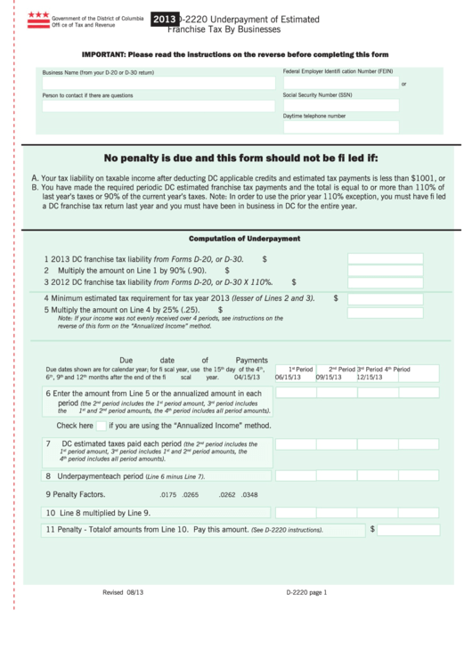 Fillable Form D-2220 - Underpayment Of Estimated Franchise Tax By Businesses - 2013 Printable pdf