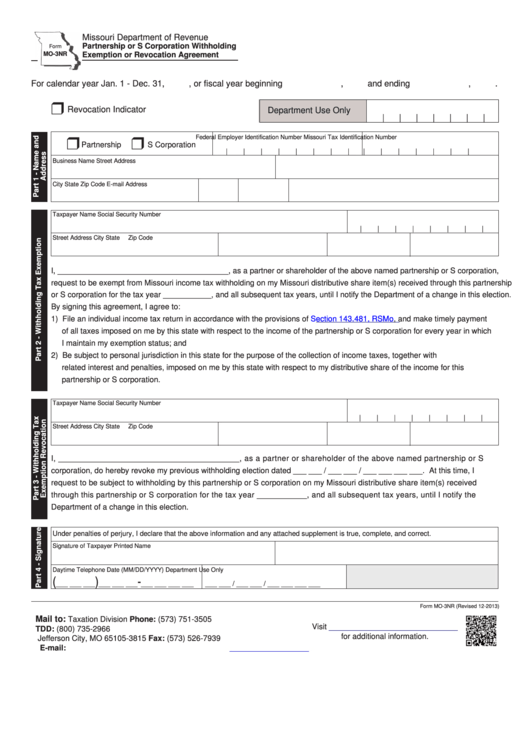 Fillable Form Mo-3nr - Partnership Or S Corporation Withholding Exemption Or Revocation Agreement Printable pdf