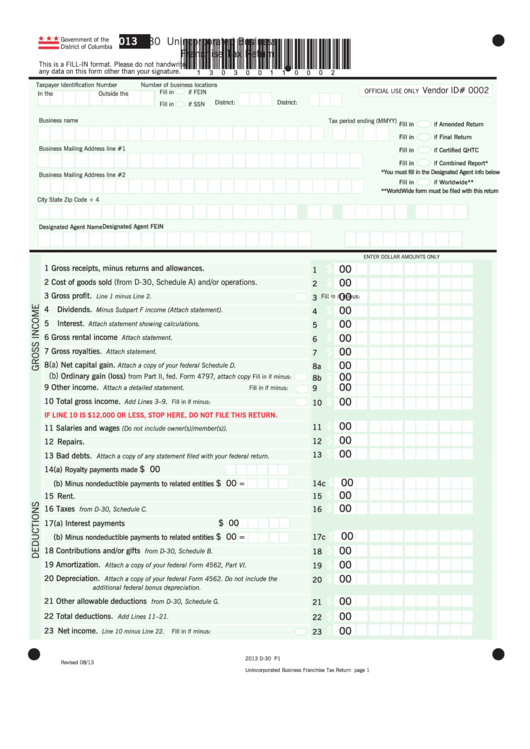 Fillable Form D-30 - Unincorporated Business Franchise Tax Return - 2013 Printable pdf