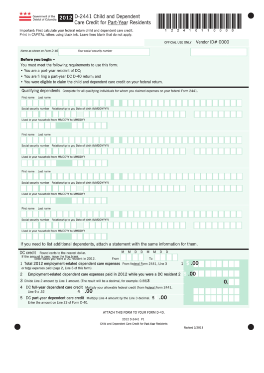 Fillable Form D-2441 - Child And Dependent Care Credit For Part-Year Residents - 2012 Printable pdf