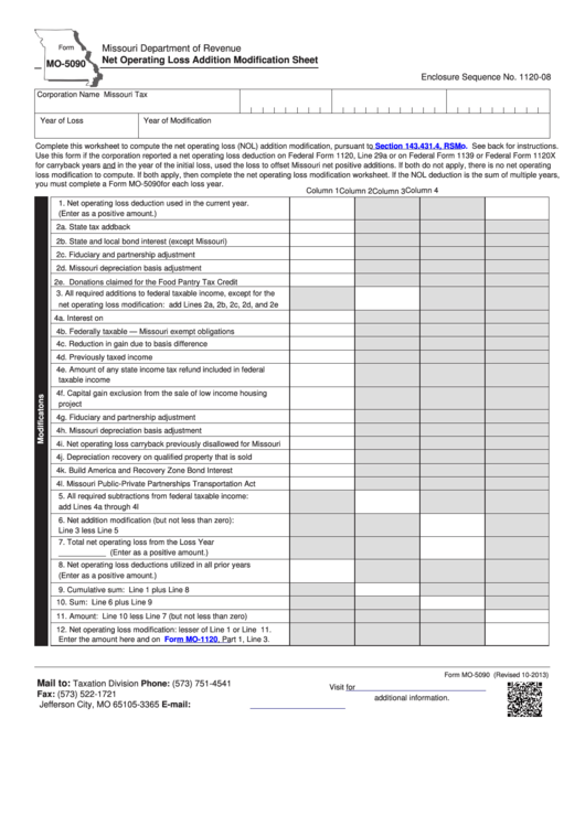 Fillable Form Mo-5090 - Net Operating Loss Addition Modification Sheet Printable pdf