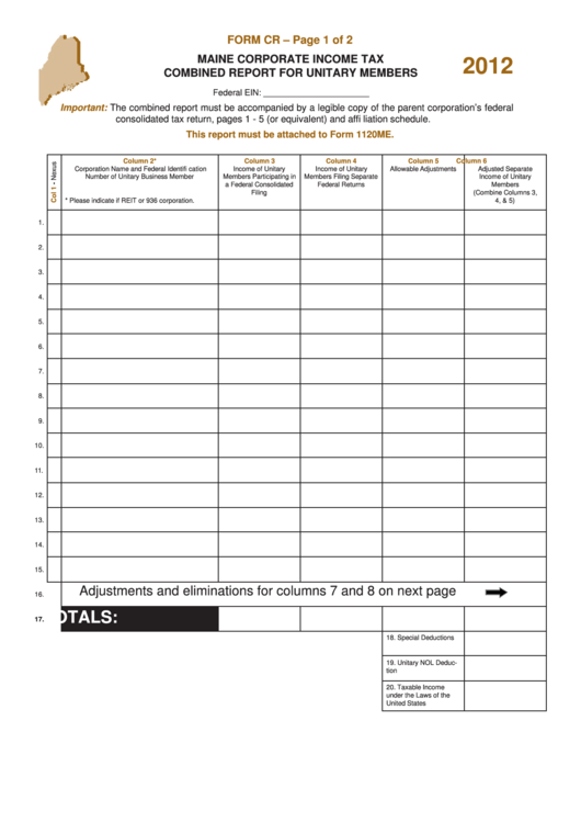 Fillable Form Cr - Maine Corporate Income Tax Combined Report For Unitary Members - 2012 Printable pdf