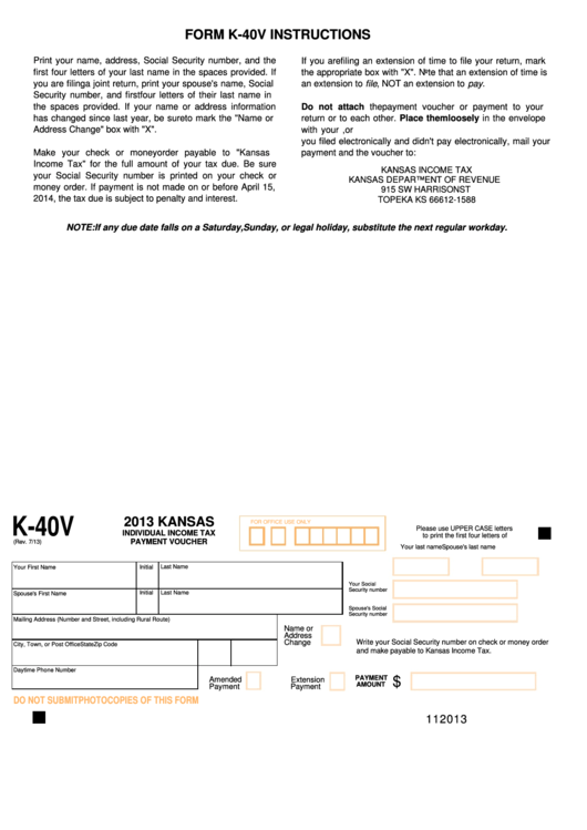 Fillable Form K 40v Kansas Individual Income Tax Payment Voucher 2013 Printable Pdf Download