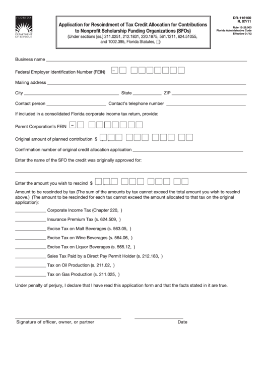 Fillable Form Dr-116100 - Application For Rescindment Of Tax Credit Allocation For Contributions To Nonprofit Scholarship Funding Organizations (Sfos) Printable pdf