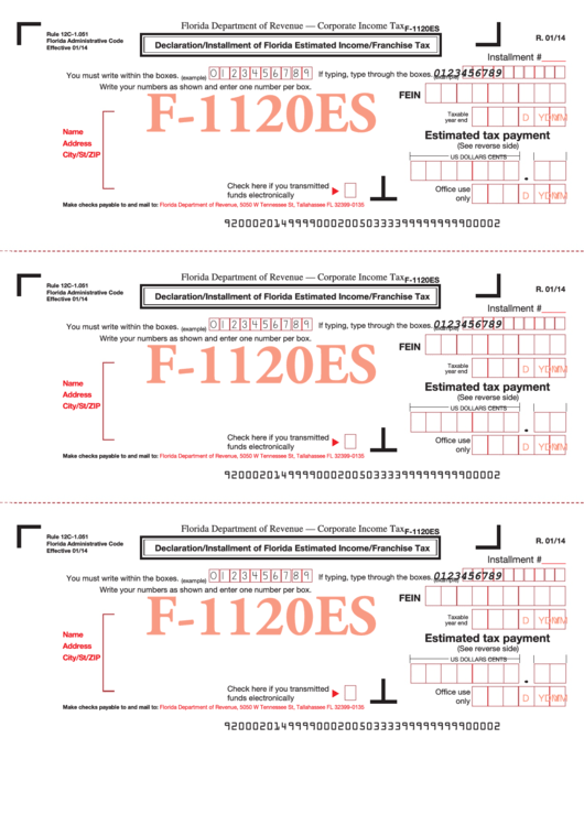 Fillable Form F-1120es - Declaration/installment Of Florida Estimated Income/franchise Tax Printable pdf