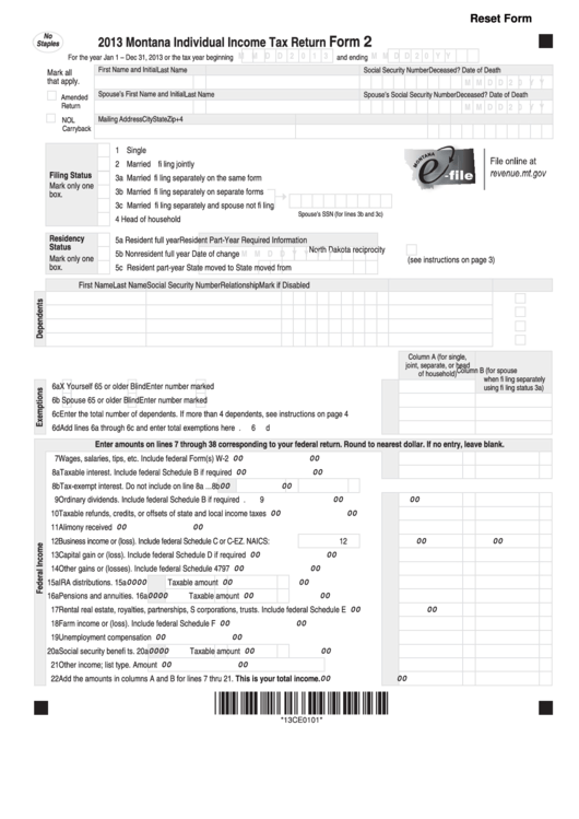 Fillable Form 2 - Montana Individual Income Tax Return - 2013 Printable pdf