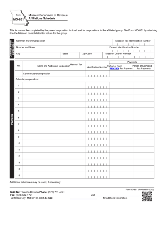 Fillable Form Mo-851 - Affiliations Schedule Printable pdf