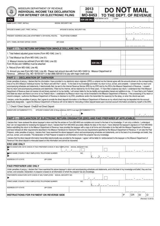 Fillable Form Mo-8453 - Individual Income Tax Declaration For Internet Or Electronic Filing - 2013 Printable pdf