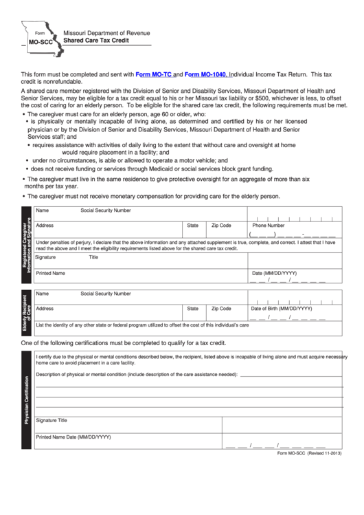 Fillable Form Mo-Scc - Shared Care Tax Credit Printable pdf