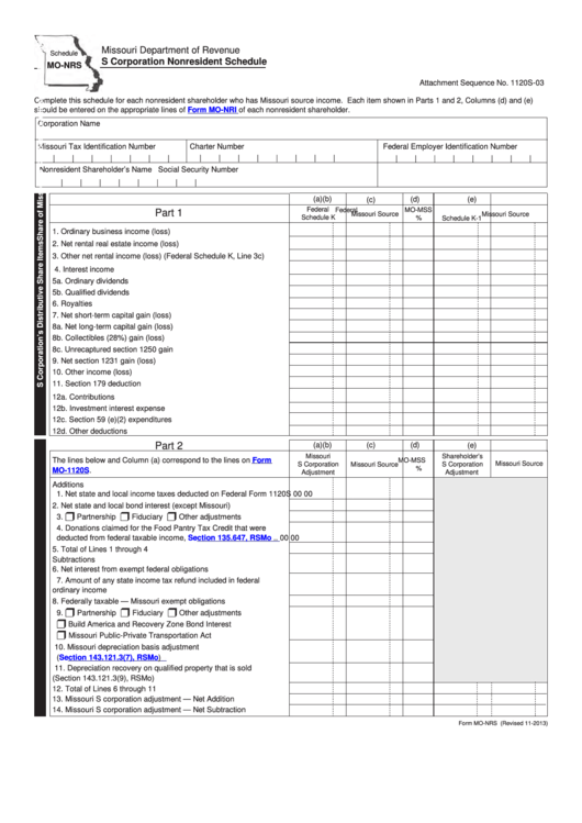 Fillable Form Mo-Nrs - Schedule Mo-Nrs - S Corporation Nonresident Schedule Printable pdf