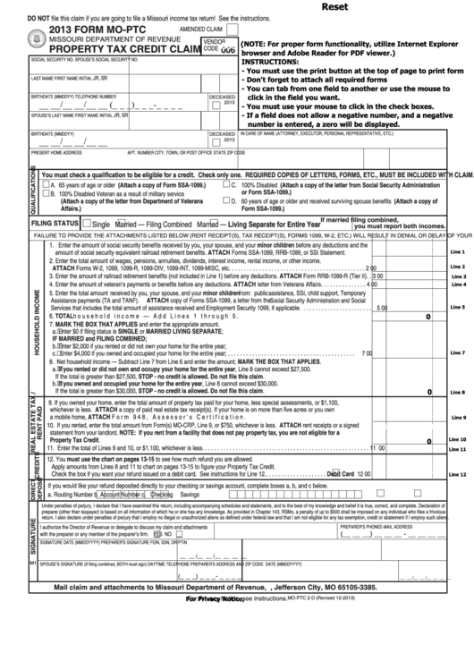 Fillable Form Mo-Ptc - Property Claim Credit - 2013, Form Mo-Crp - Certification Of Rent Paid For 2013 Printable pdf