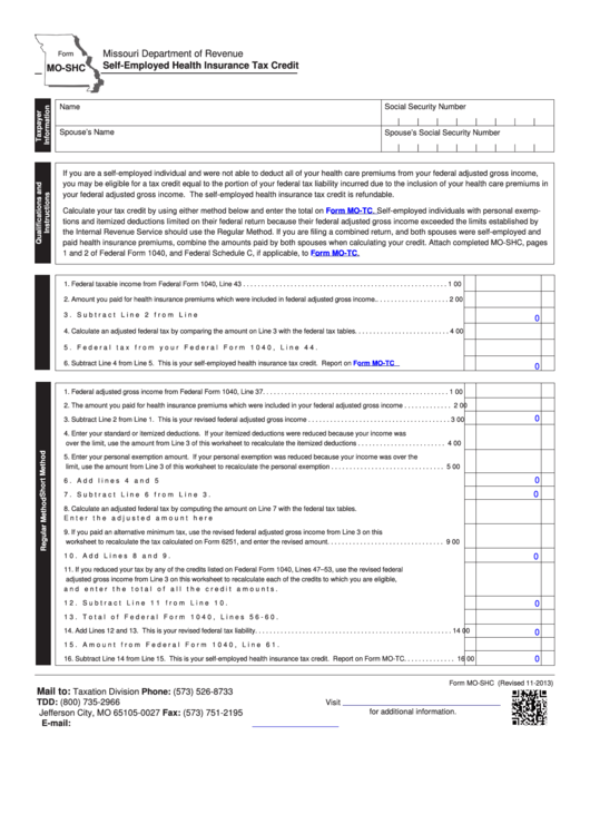 Fillable Form Mo-Shc - Self-Employed Health Insurance Tax Credit Printable pdf