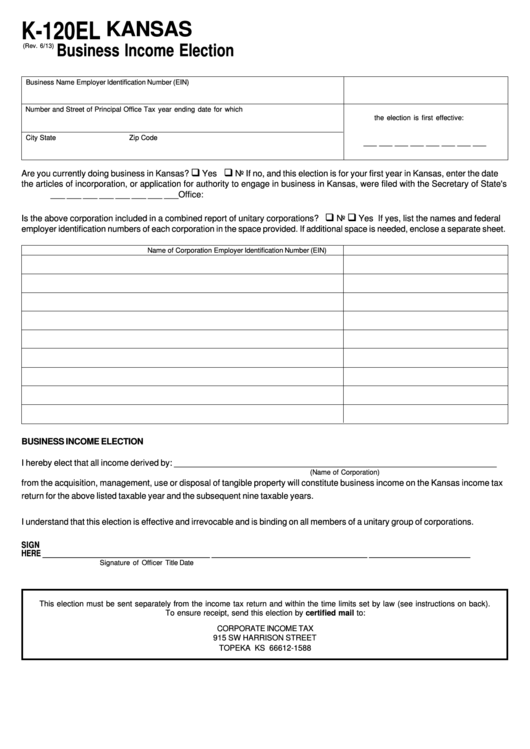 Fillable Form K-120el - Kansas Business Income Election Printable pdf