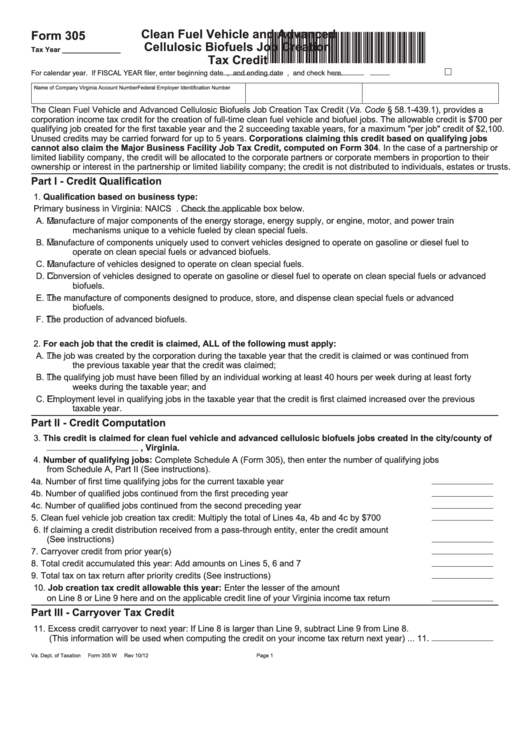 Fillable Form 305 - Clean Fuel Vehicle And Advanced Cellulosic Biofuels Job Creation Tax Credit Printable pdf