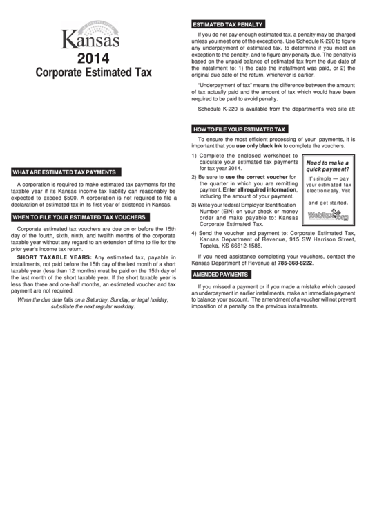 Fillable Form K-120es - Kansas Corporate Estimated Income Tax Voucher - 2014 Printable pdf