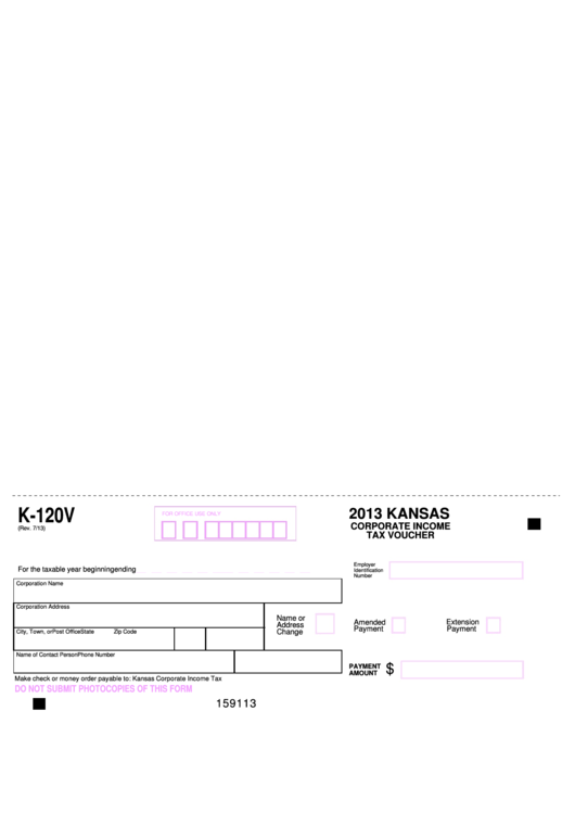 Fillable Form K-120v - Kansas Corporate Income Tax Voucher - 2013 Printable pdf