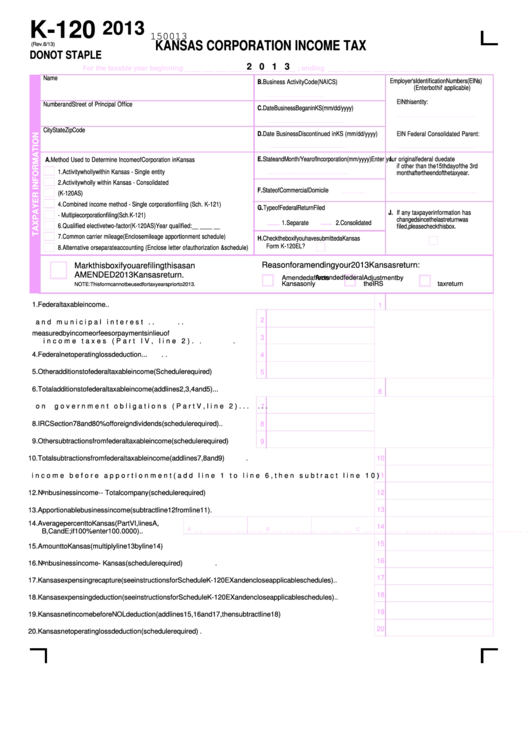 Fillable Form K-120 - Kansas Corporation Income Tax - 2013 Printable pdf