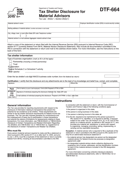 Form Dtf-664 - Tax Shelter Disclosure For Material Advisors - 2015 Printable pdf