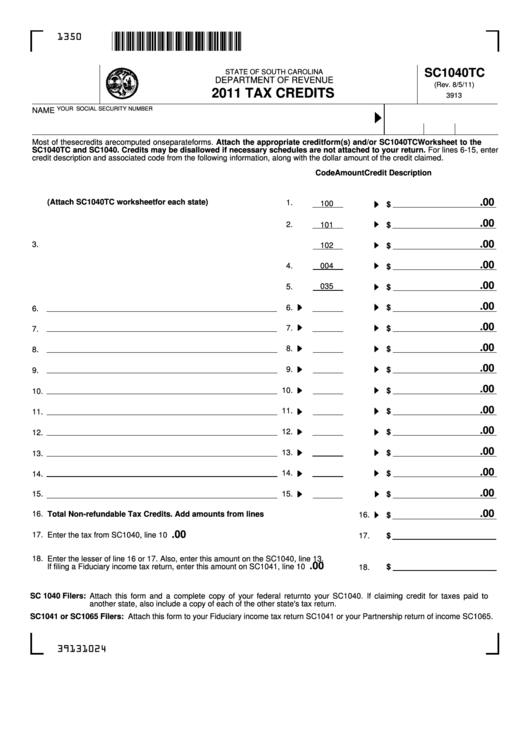 Fillable Form Sc1040tc - South Carolina Tax Credits - 2011 Printable pdf