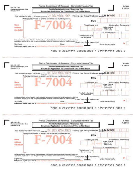 Form F-7004 - Florida Tentative Income / Franchise Tax Return And Application For Extension Of Time To File Return Printable pdf