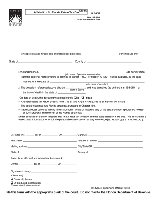 Form Dr 312 Affidavit Of No Florida Estate Tax Due Printable Pdf Download