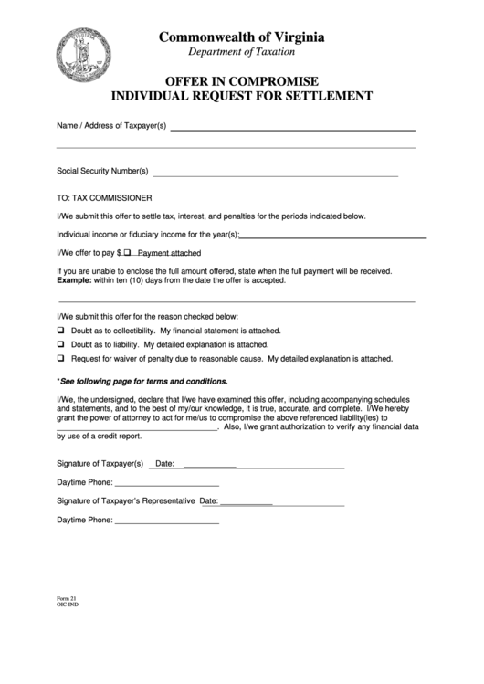 Form 21 - Virginia Offer In Compromise Individual Request For Settlement Printable pdf