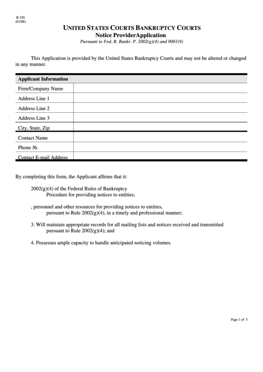 Fillable Form B 320 - Notice Provider Application - United States Courts Bankruptcy Courts Printable pdf