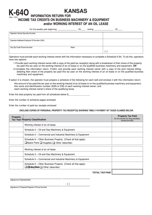 Fillable Form K-64o - Kansas Information Return For Income Tax Credits On Business Machinery & Equipment And/or Working Interest Of An Oil Lease Printable pdf