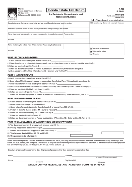 Fillable Form F-706 - Florida Estate Tax Return For Residents, Nonresidents, And Nonresident Aliens Printable pdf