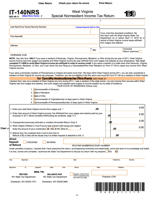 Fillable Form It-140nrs - West Virginia Special Nonresident Income Tax Return - 2011 Printable pdf