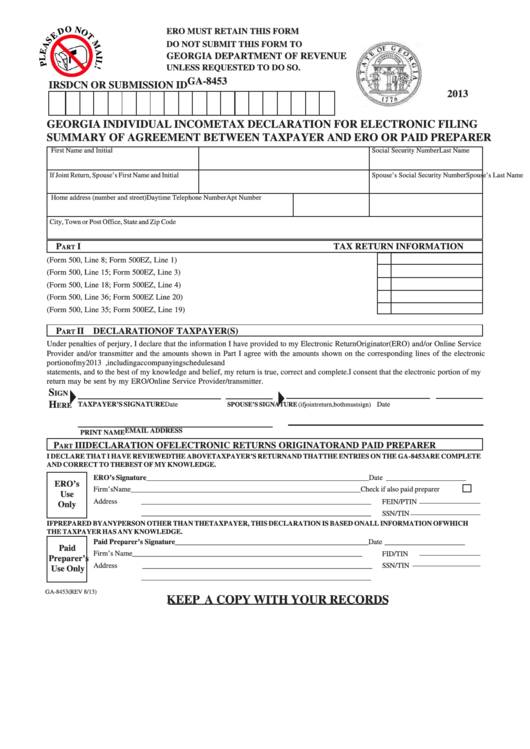 Fillable Form Ga-8453 - Georgia Individual Income Tax Declaration For Electronic Filing Summary Of Agreement Between Taxpayer And Ero Or Paid Preparer - 2013 Printable pdf