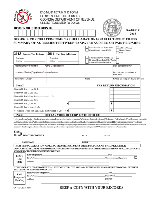 Fillable Form Ga-8453 C - Georgia Corporate Income Tax Declaration For Electronic Filing Summary Of Agreement Between Taxpayer And Ero Or Paid Preparer - 2013 Printable pdf