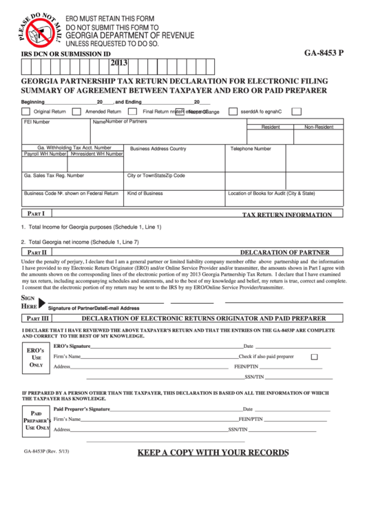 Fillable Form Ga-8453 P - Georgia Partnership Tax Return Declaration For Electronic Filing Summary Of Agreement Between Taxpayer And Ero Or Paid Preparer - 2013 Printable pdf