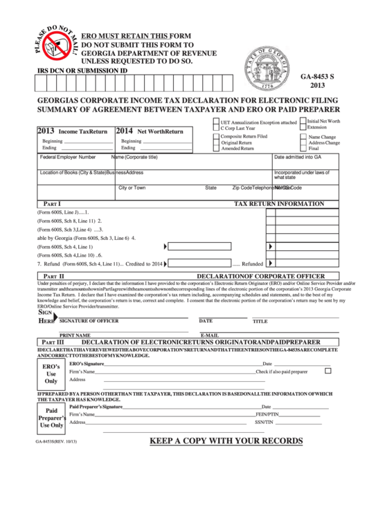 Fillable Form Ga-8453 S - Georgia S Corporate Income Tax Declaration For Electronic Filing Summary Of Agreement Between Taxpayer And Ero Or Paid Preparer - 2013 Printable pdf