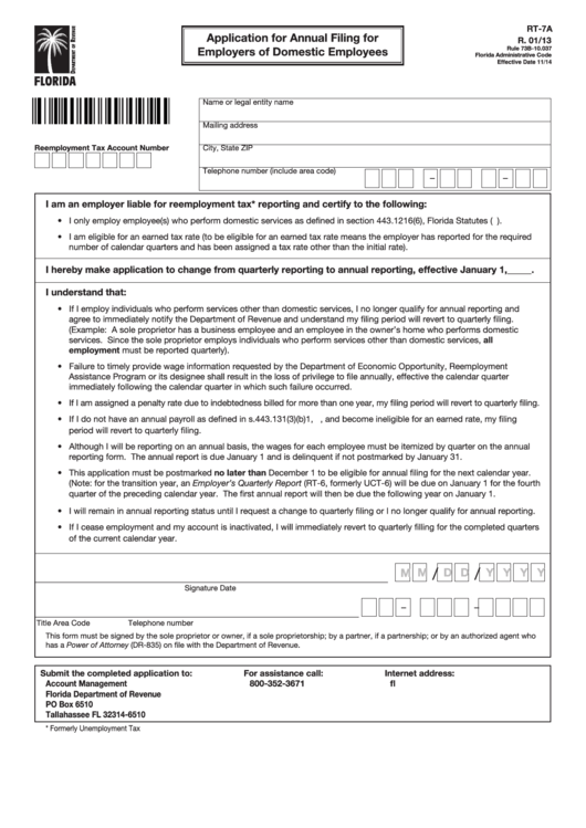 Form Rt-7a - Florida Application For Annual Filing For Employers Of Domestic Employees Printable pdf