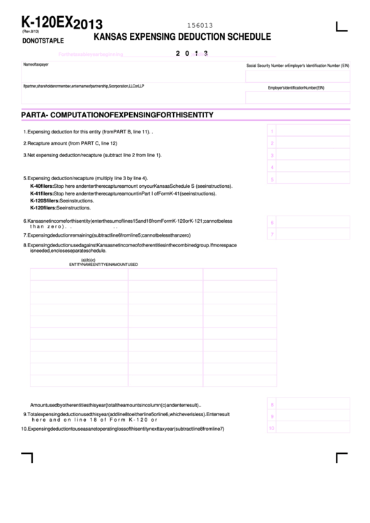 Fillable Form K-120ex - Kansas Expensing Deduction Schedule - 2013 Printable pdf