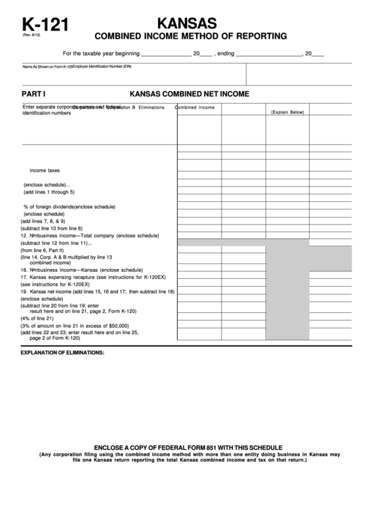 Fillable Form K-121 - Kansas Combined Income Method Of Reporting Printable pdf