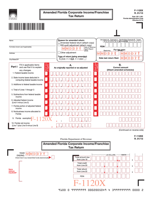 Fillable Form F-1120x - Amended Florida Corporate Income/franchise Tax Return Printable pdf