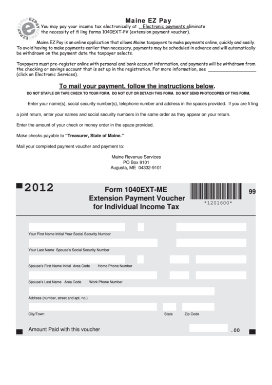 Fillable Form 1040ext-Me - Extension Payment Voucher For Individual Income Tax - 2012 Printable pdf