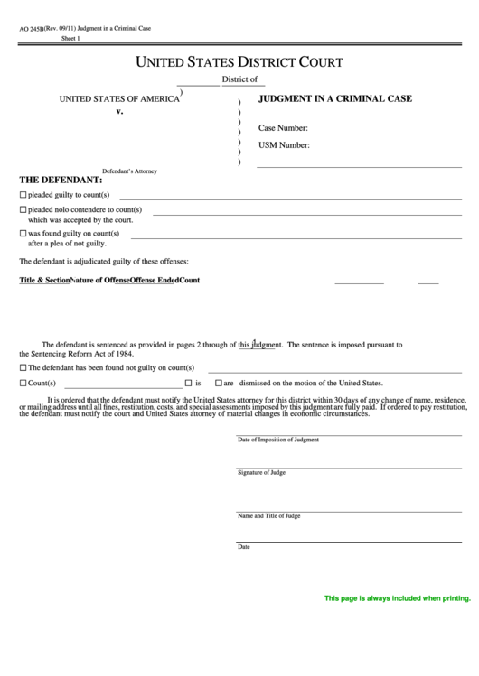 Fillable Form Ao 245b - Judgment In A Criminal Case - United States District Court Printable pdf
