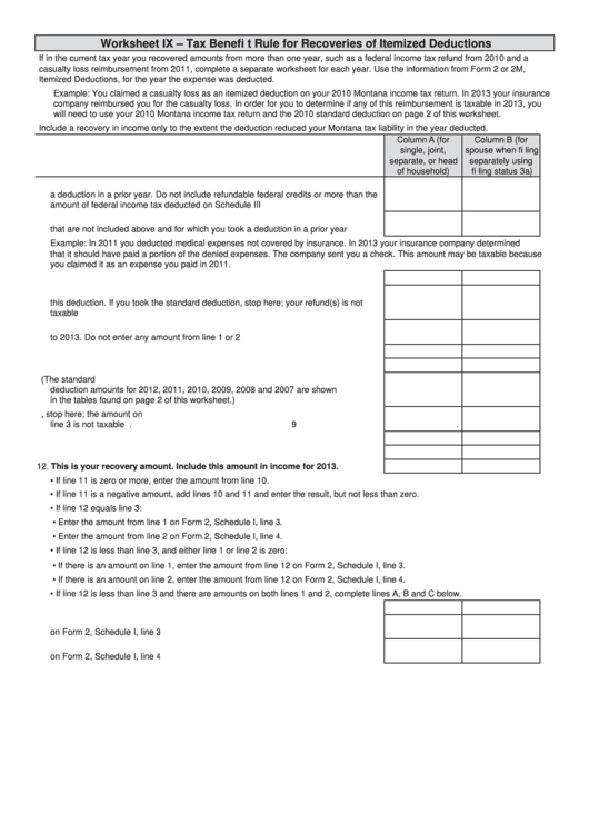 Fillable Form 2 - Worksheet Ix - Tax Benefit Rule For Recoveries Of Itemized Deductions Printable pdf