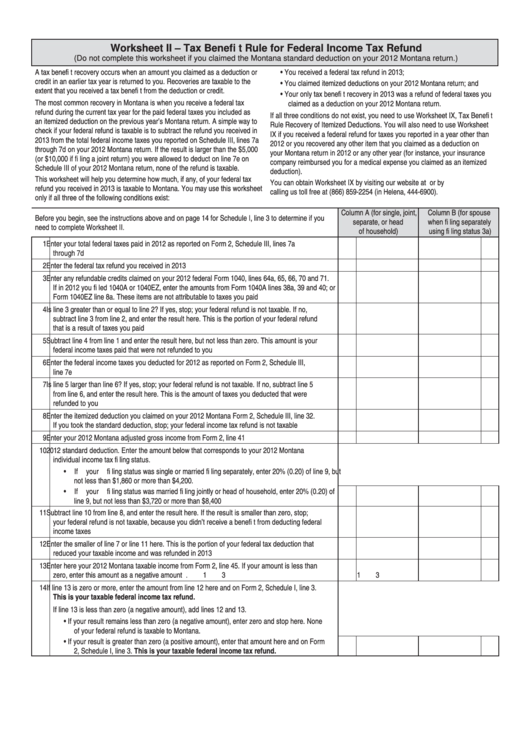 Fillable Form 2 - Worksheet Ii - Tax Benefit Rule For Federal Income Tax Refund Printable pdf
