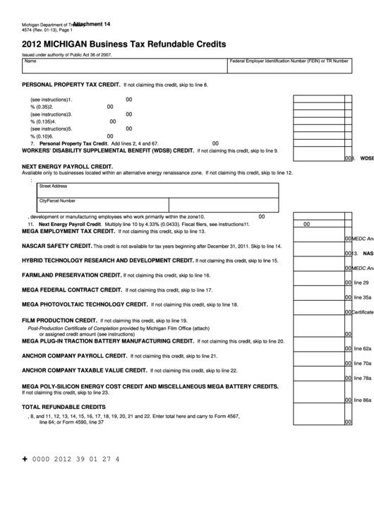 Form 4574 - Michigan Business Tax Refundable Credits - 2012 Printable pdf
