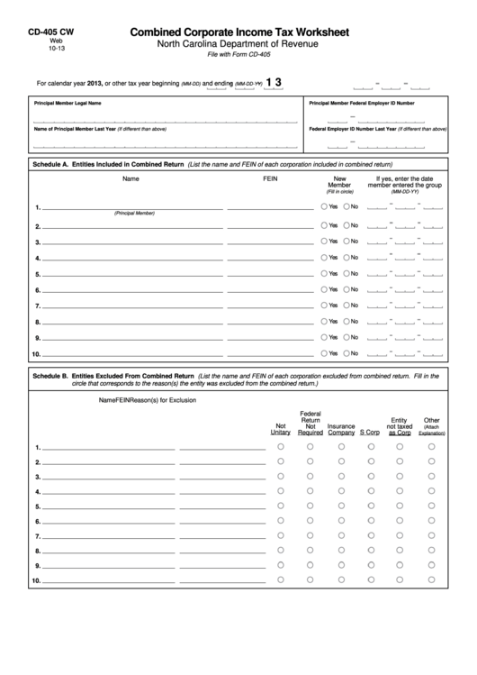 Fillable Form Cd-405 Cw - Combined Corporate Income Tax Worksheet Printable pdf
