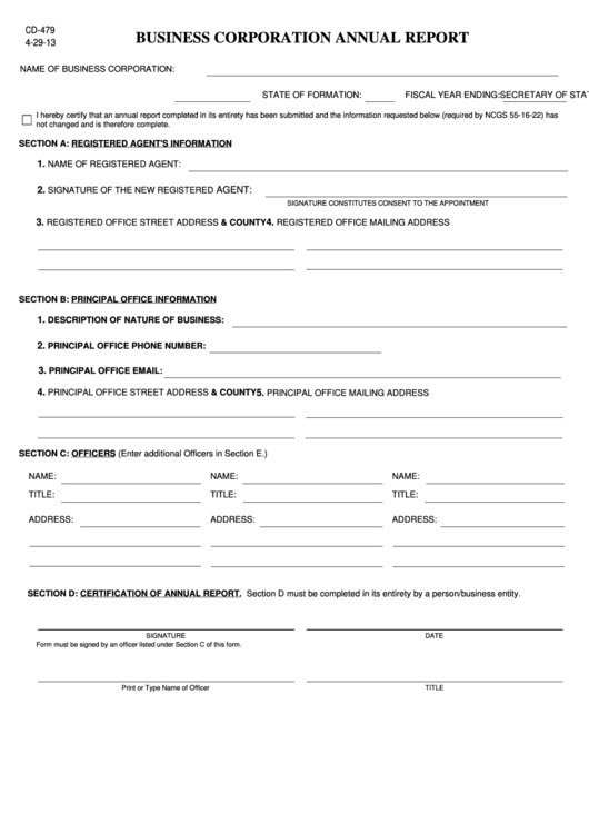 Fillable Form Cd-479 - Business Corporation Annual Report Printable pdf