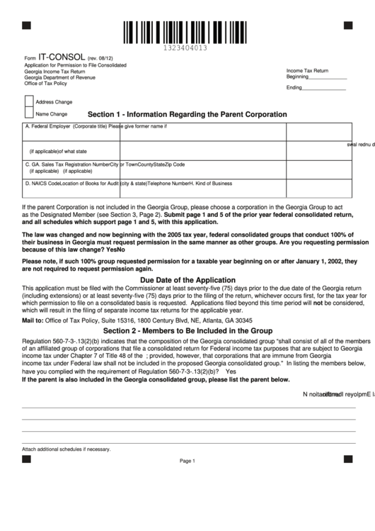 Fillable Form It-Consol - Application For Permission To File Consolidated Georgia Income Tax Return Printable pdf