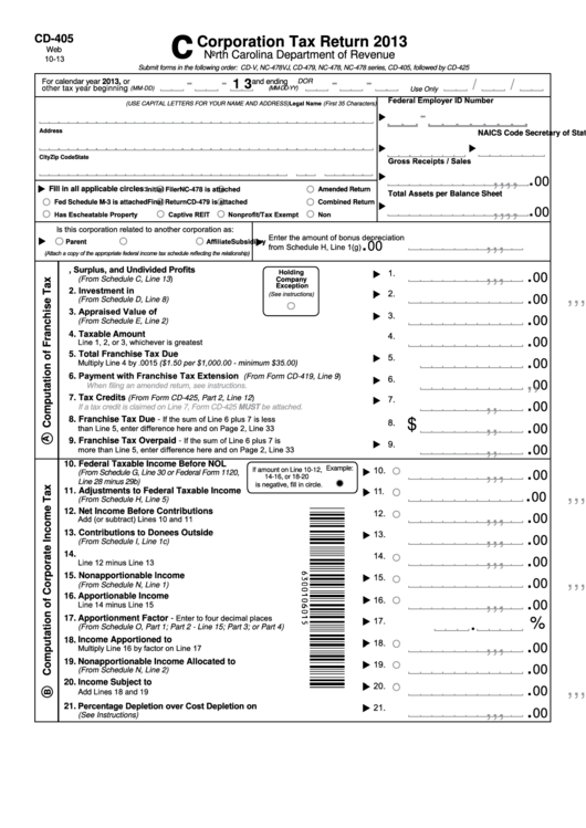 Fillable Form Cd-405 - Corporation Tax Return - 2013 Printable pdf